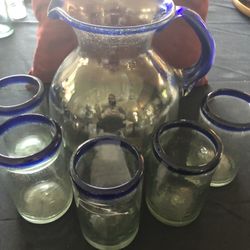 Authentic Mexican hand-blown blue-rimmed pitcher and glasses