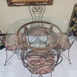 Round Glass & Metal Table & 4 Metal Floral Upholstered Chairs