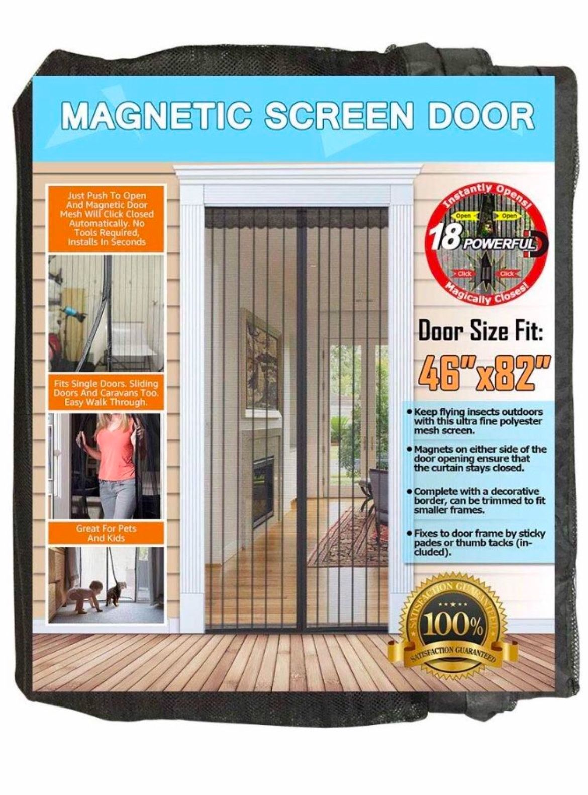 Brand new 46” W x 82” H Reinforced Magnetic Screen Door - Heavy Duty Mesh Curtain and Full Frame Hook and Loop, Keeps Mosquitoes Out, Toddler and Dog