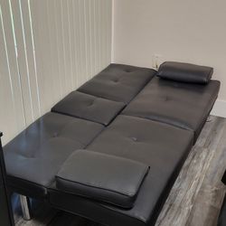 Black Faux Leather Futon Sofa With Cup Holder 