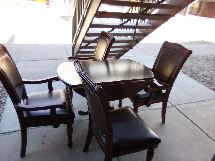 Table With X4 Chairs Leather/Wood Collapsible Leafs For Saving Space