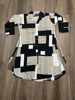 Black, white, and beige geometric patchwork shirt and pants set #geometric #coordinated Size 42