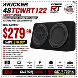 12" Shallow Subwoofer Enclosure 1000 Watts CompRT Kicker TCWRT12 48TCWRT122 🚨 Payment Options Available 🚨 No Credit Needed 🚨