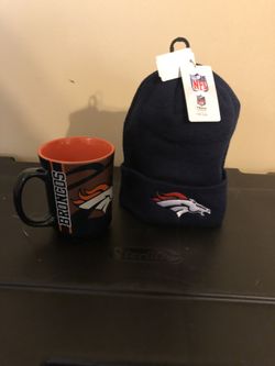 Denver Broncos coffee mug and beanie