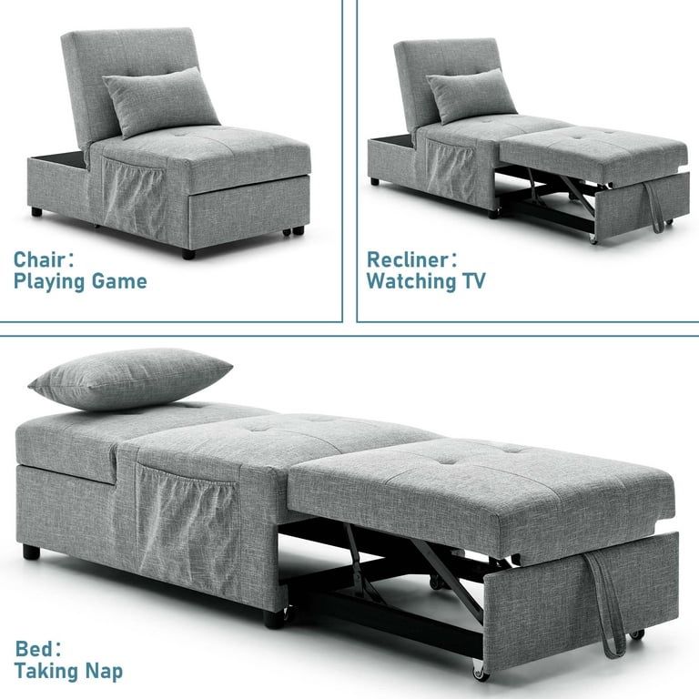 Futon Sofa Bed Chair, 4 in 1 Pull Out Convertible Sleeper Chaise for Small Space Living - Gray