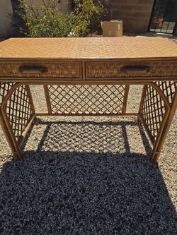 Rattan Wicker Console Table with Two Drawers
