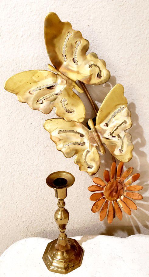Antique Brass Wall Hanging Butterflies with Copper Flower & Brass Candle Stick 
Butterflies 6in x 17in 
Candlestick 3in x 7in $10 for Both 
