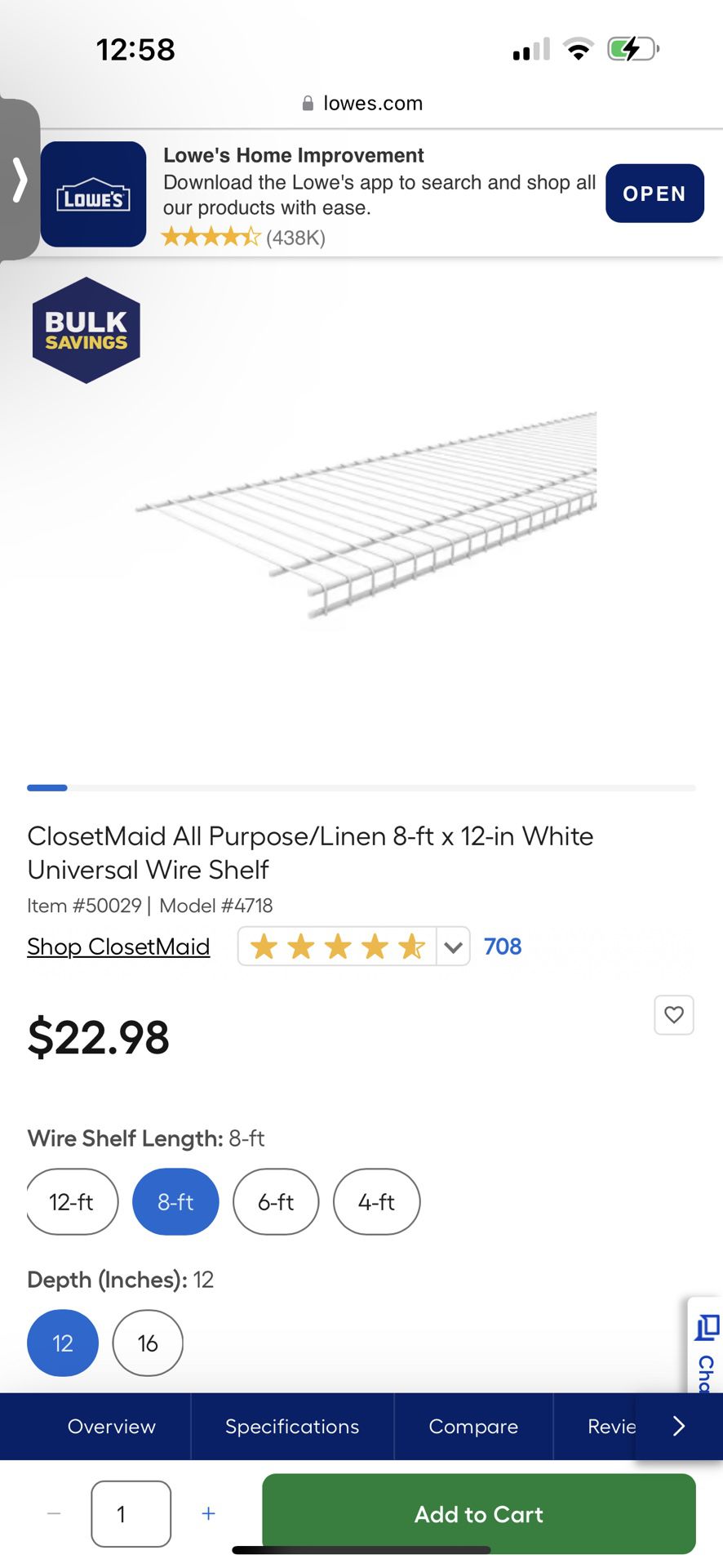 6 White Wire Shelves (8’X12”)