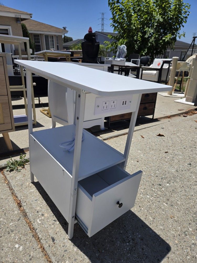 End Table with Charging Station, Narrow Side Table with Drawer and USB Ports & Power Outlets