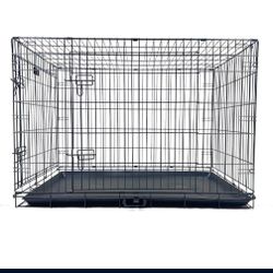 Dog Wire Cage 48 inches Reinforced Dog Crate Collapsible Pet Cage with Double Doors Leak Proof Plastic Tray Outdoor Indoor Portable for Pets Cats and