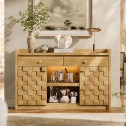 55" Buffet Cabinet with Storage, Kitchen Buffet Sideboard with Charging Station & LED Lights