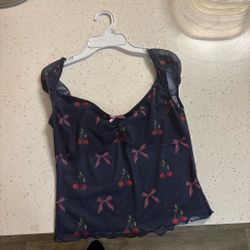 Navy Cherry & Bow Print Mesh Cami Top