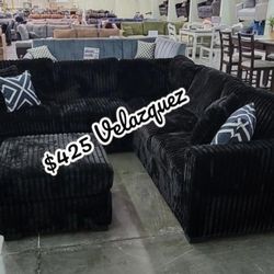 ✅️✅️ 4pc Black  corduroy fabric upholstered sectional sofa with ottoman ✅️✅️