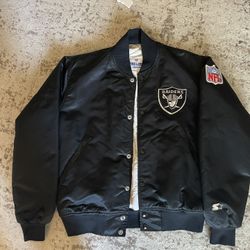 1980s 90s Raiders Black Satin Bomber Jacket Men's Large USA NFL Officially Licensed Product EXCELLENT Condition Raiders Spellout