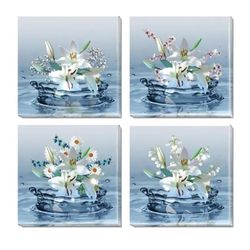 New Rustic Floral Bathroom Decor Colorful Bloom Lily Elegant Artwork Botanical Painting Home Wall Art 4 Pieces Framed Prints (white and blue, 16x16in)