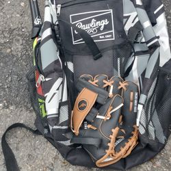 A Little Kid's Backpack Baseball Bat With Glove