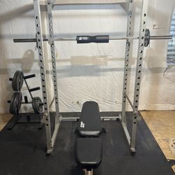 Home Gym Package: Squat Rack, Bench, 45lb Olympic Bar, 230lbs Weights + Plate Rack