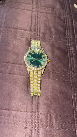 Iced Out Gold-Tone Watch Green Dial