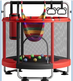 Trampolín de 55 pulgadas para niños con recinto, capacidad de 440 libras, trampolín para niños y exteriores, con barra de gimnasia ajustable y juguete