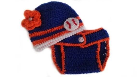 Custom to Baby Girl NY Mets Inspired Baseball Flower Button Sports Fan Photo Prop Adjustable Diaper Cover and Beanie Hat Set