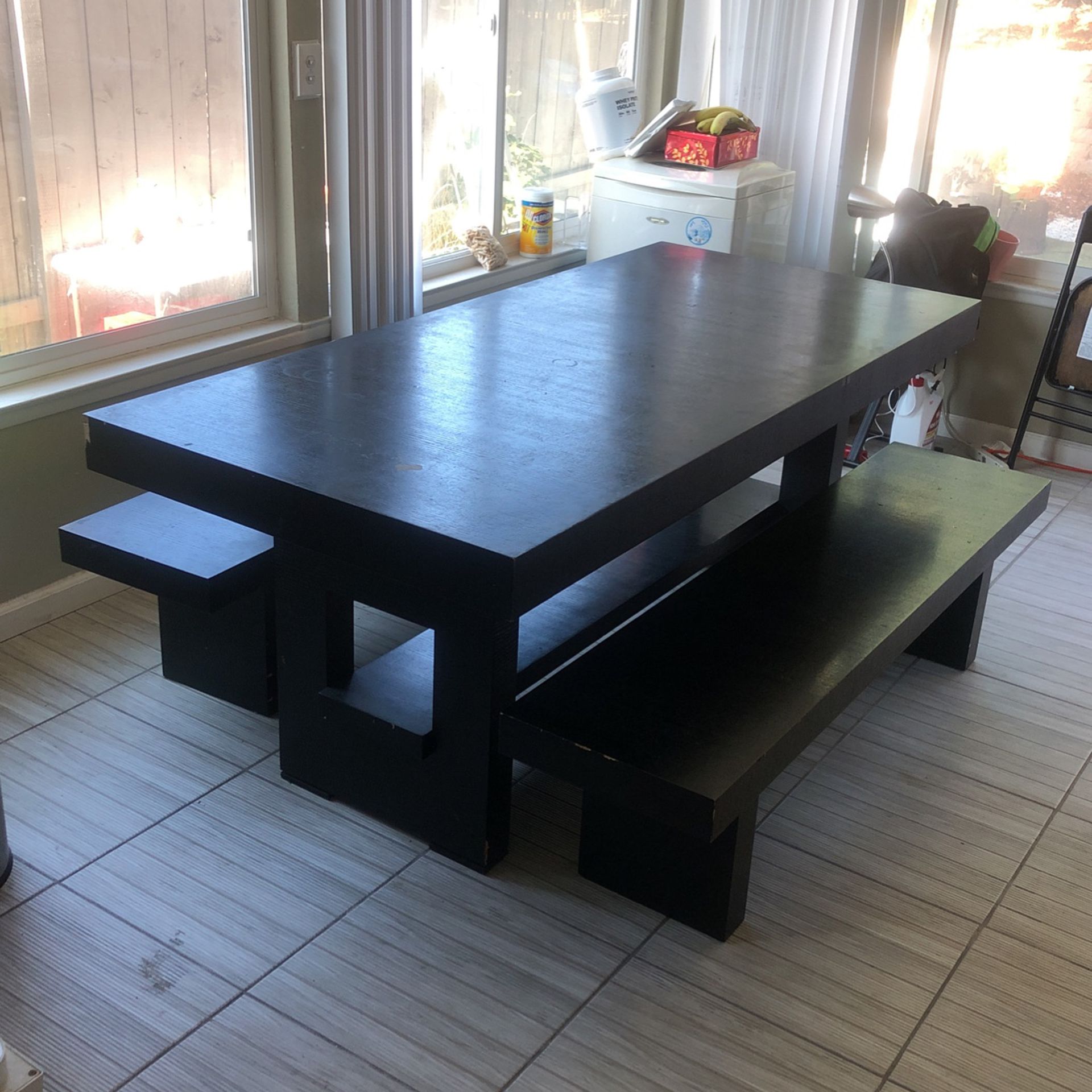 Large Black Wood Dining Table With Two Benches