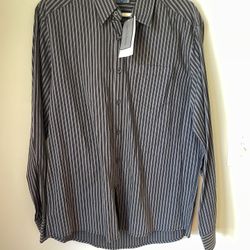 New Kenneth Cole Men's Button Up Shirt Large Charcoal Gray Striped Long Sleeve