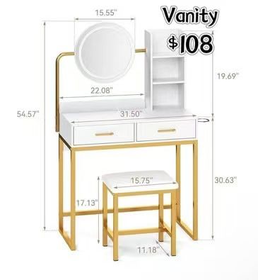 😀 Vanity Desk with LED Lighted Mirror & Power Outlet, White Vanity Desk with Adjustable 3 Lighting Modes, Small Vanity Desk for Bedroom