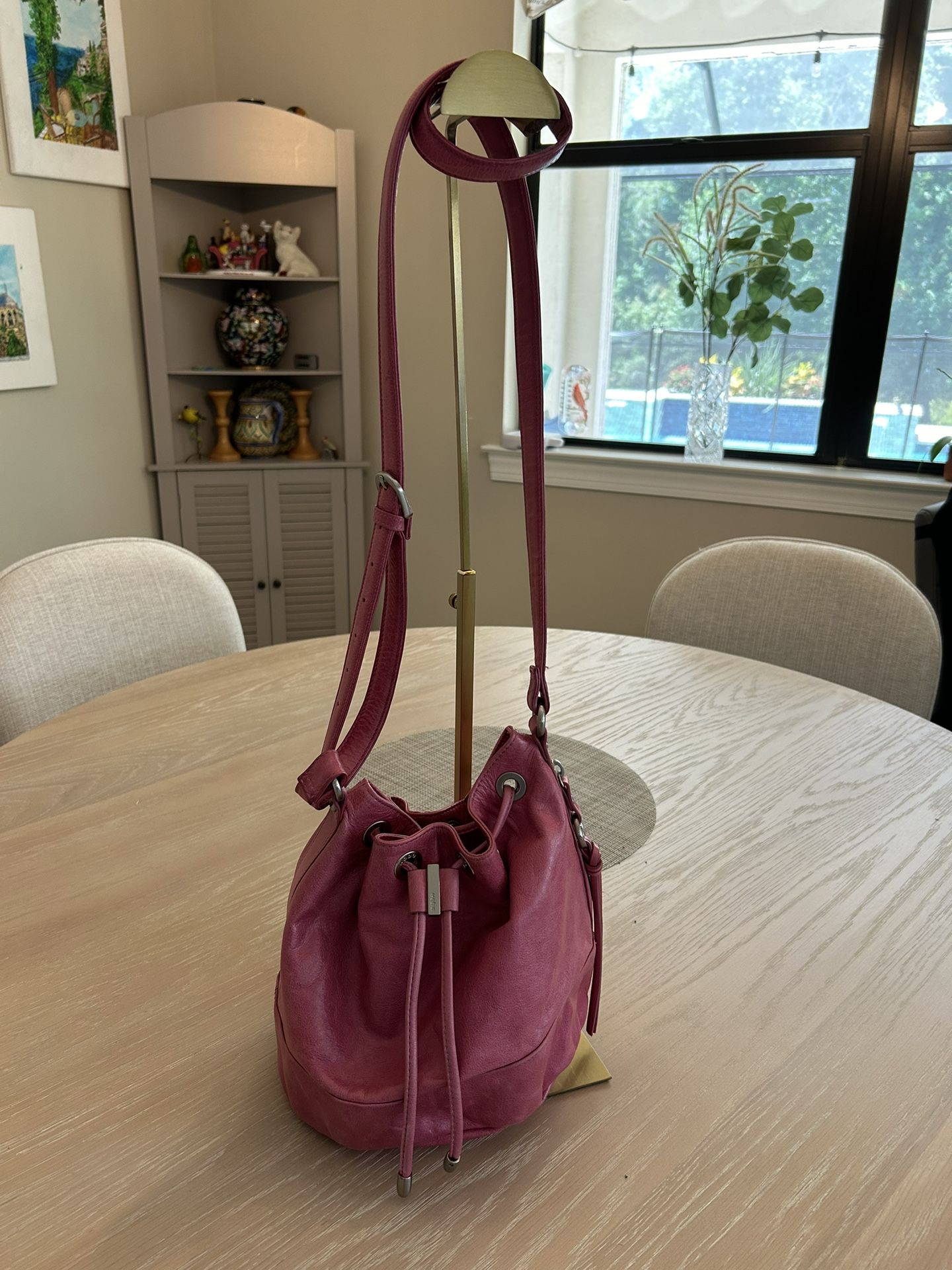 Hot Pink Bucket Leather Hobo Bucket Crossbody Bag