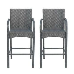Roomfitters Outdoor Bar Stool Set with All-Weather Wicker Design, Comfortable Armrests and Modern Rattan Look, Gray, Set of 2