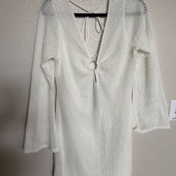 Fashion Nova Women’s XL Cream Crochet Mini Dress Bell Sleeve Open Back NWT