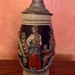 Beer Stein Vintage Germany Marzi Remy Signed 1 L Pewter lid Raised Tavern Scene