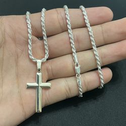 925 Sterling Silver Cross And Rope Chain 20”