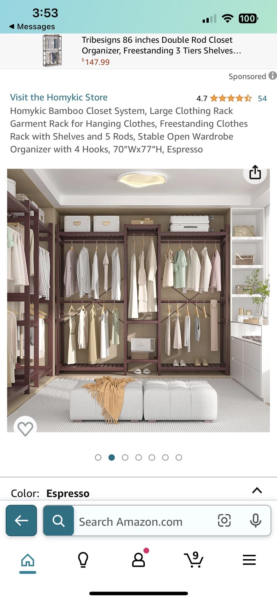 Tribesigns Double Rod Closet Organizer for Bedroom 3 Tiers Shelves