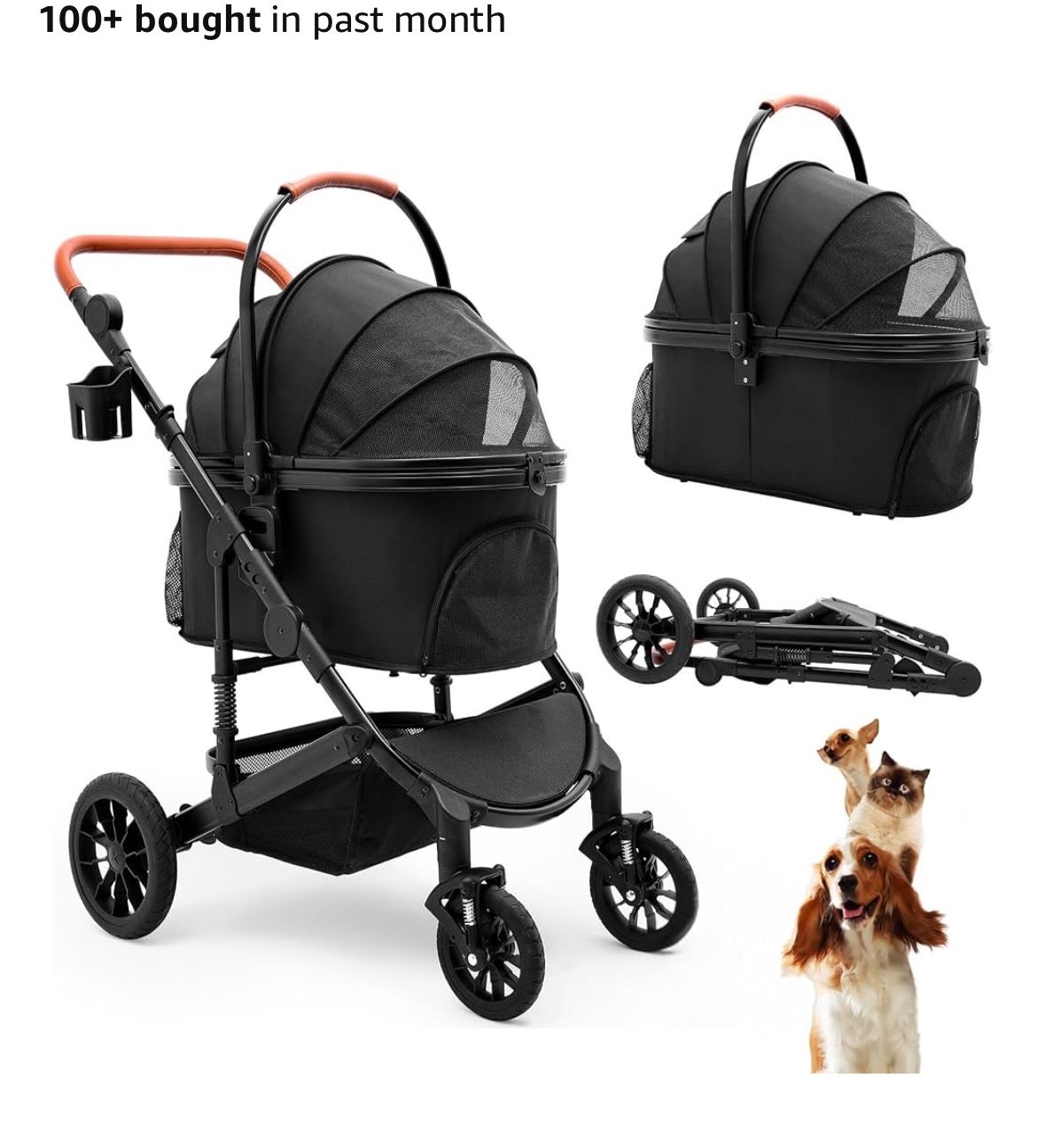 Pet Stroller with 4 Wheels, Foldable Pet Travel Carrier for Small/Medium Dogs Cats up to 50lbs, Detachble Portable Pet Bag, Storage Basket, Car Seat 3