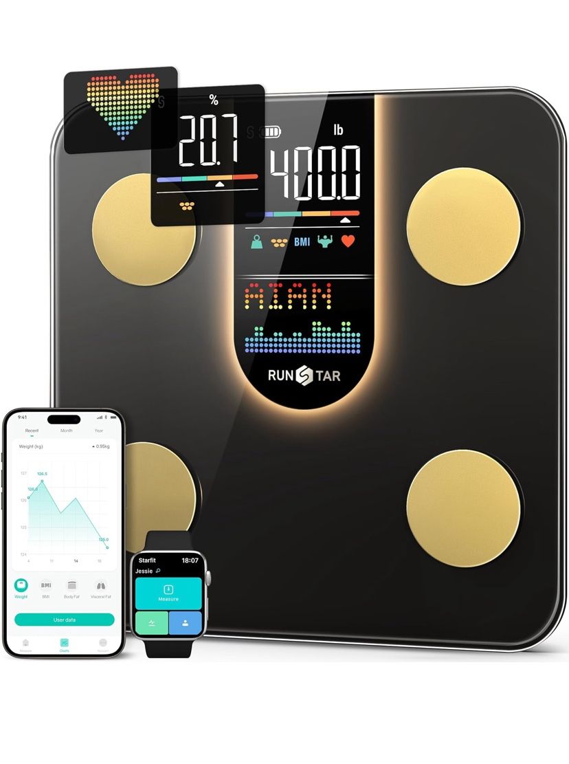 Runstar Smart Scale – Body Weight, BMI, Body Fat, Heart Rate, App Sync, 22 Metrics