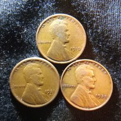 1910, 1921-S, 1935 Lincoln Wheat Cent