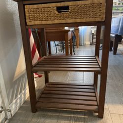 Two Tier Wood Shelf With Wicker Drawer