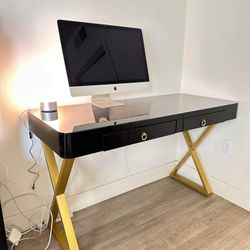 2-Drawers Black Office Desk 55" L x 24” wx33”H modern Writing Desk Gold legs ( used)