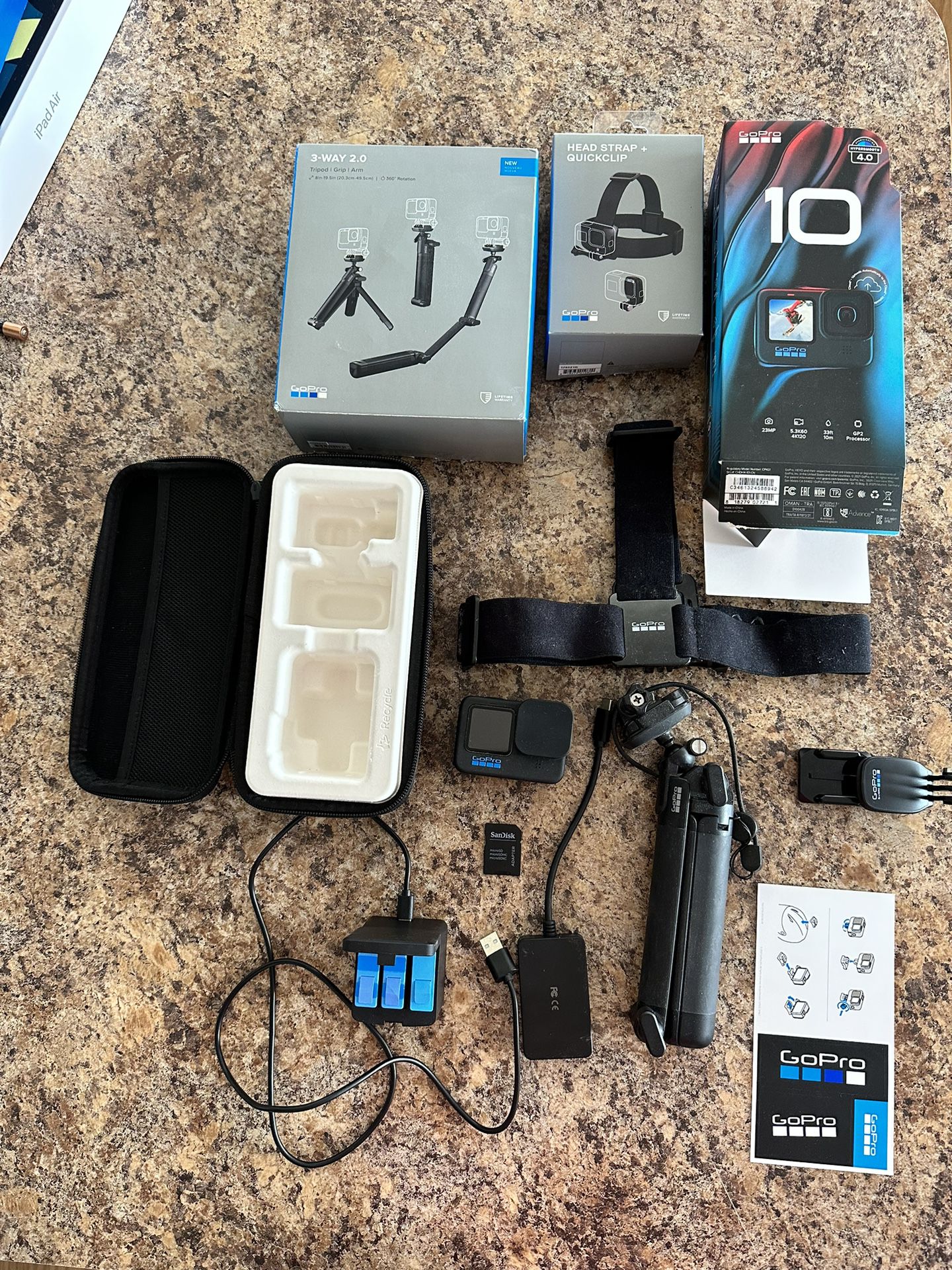 Gopro 10 with extra 3-way mount/battery charger/128gb sd card/head strap/card reader