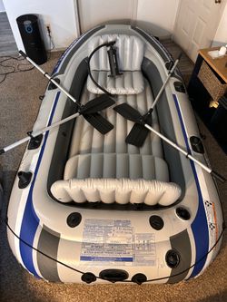 Intex Excursion 4 inflatable boat. It’s been a great, reliable boat for relaxing on the lake/river. It holds air perfectly with no leaks and no patche