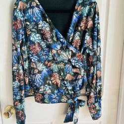 Zara Blue L size velvet floral cardigan lace-up top for senior comfort loose and breathable