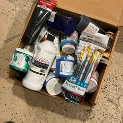 Box Of Acrylic Paint & Brushes