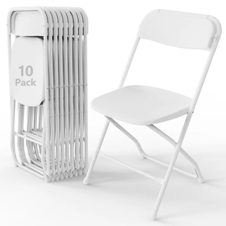 10 Pack White Plastic Folding Chairs, Indoor Outdoor Portable Stackable Commercial Chairs with Non-slip Design, 350lbs Capacity, Indoor Outdoor for Ev