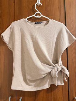 Zara Neutral Beige Side-Tie Short Sleeve Top