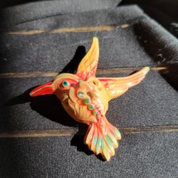 Vintage Hummingbird Brooch Layered Celluloid Hand Glazed Made In Germany 2"