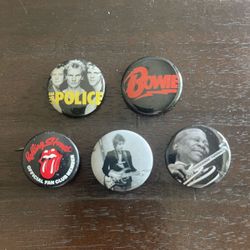 5 Classic Rock Pins. The Rolling Stones Pin In The Back Is Slightly Raised But Not Broken. 