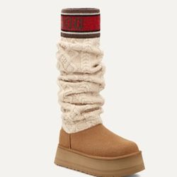 NEW UGG Platform Classic Sweater Letter Cream Tan Winter Boots Knit Boots 9