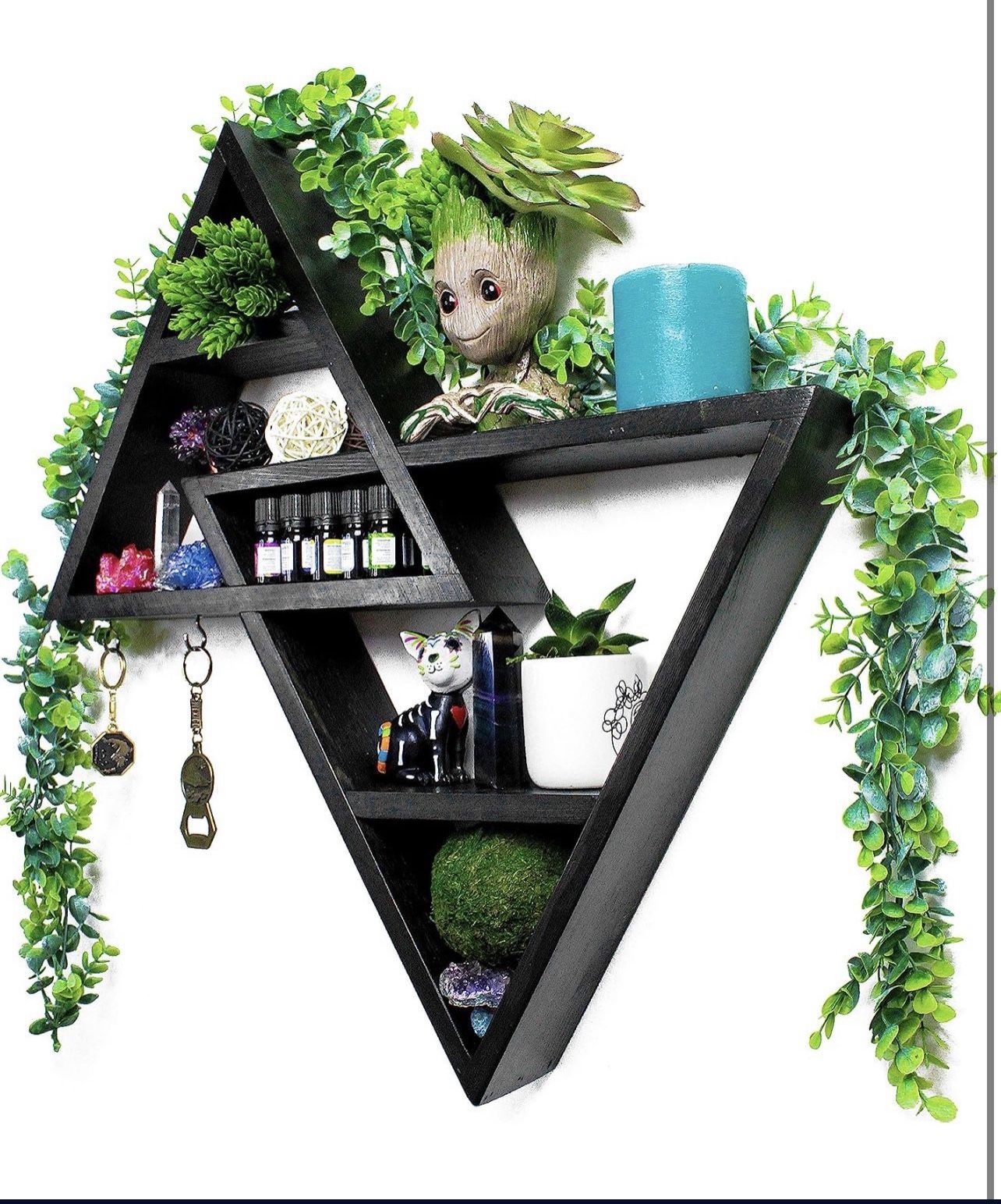 Rustic Curiosities Large Triangle Shelf - Crystal Display Altar Shelf for Stones, Essential Oils, and More 21.5 X 20 Inches (Black, Left Triangle Up)