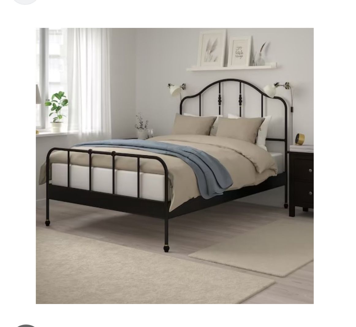 SAGSTUA IKEA Black Metal Queen Bed Frame AND LÖNSET IKEA Slatted Bed Base