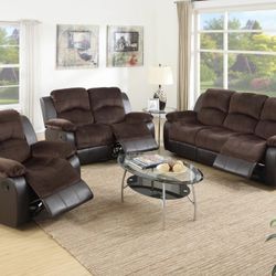 THREE PC PADDED SUEDE AND FAUX LEATHER TRIM RECLINER SET 